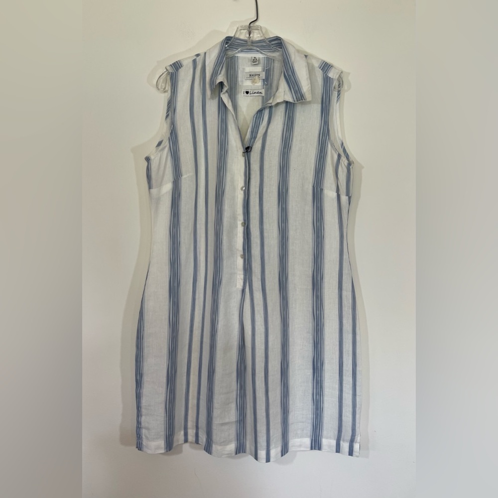 NWT Malvin Blue and White Striped Sleeveless Shirt Dress linen blend XL button
